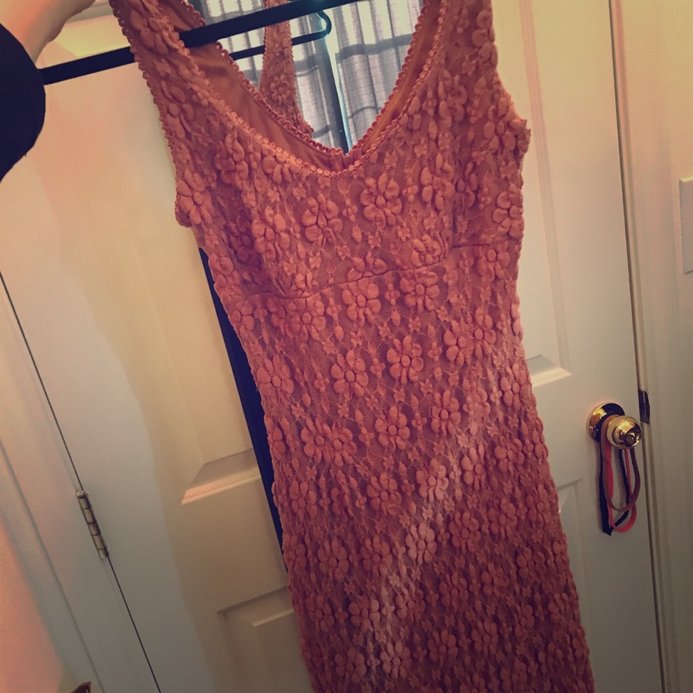 Deep Peach Embroidered Floral Mid-Length Dress